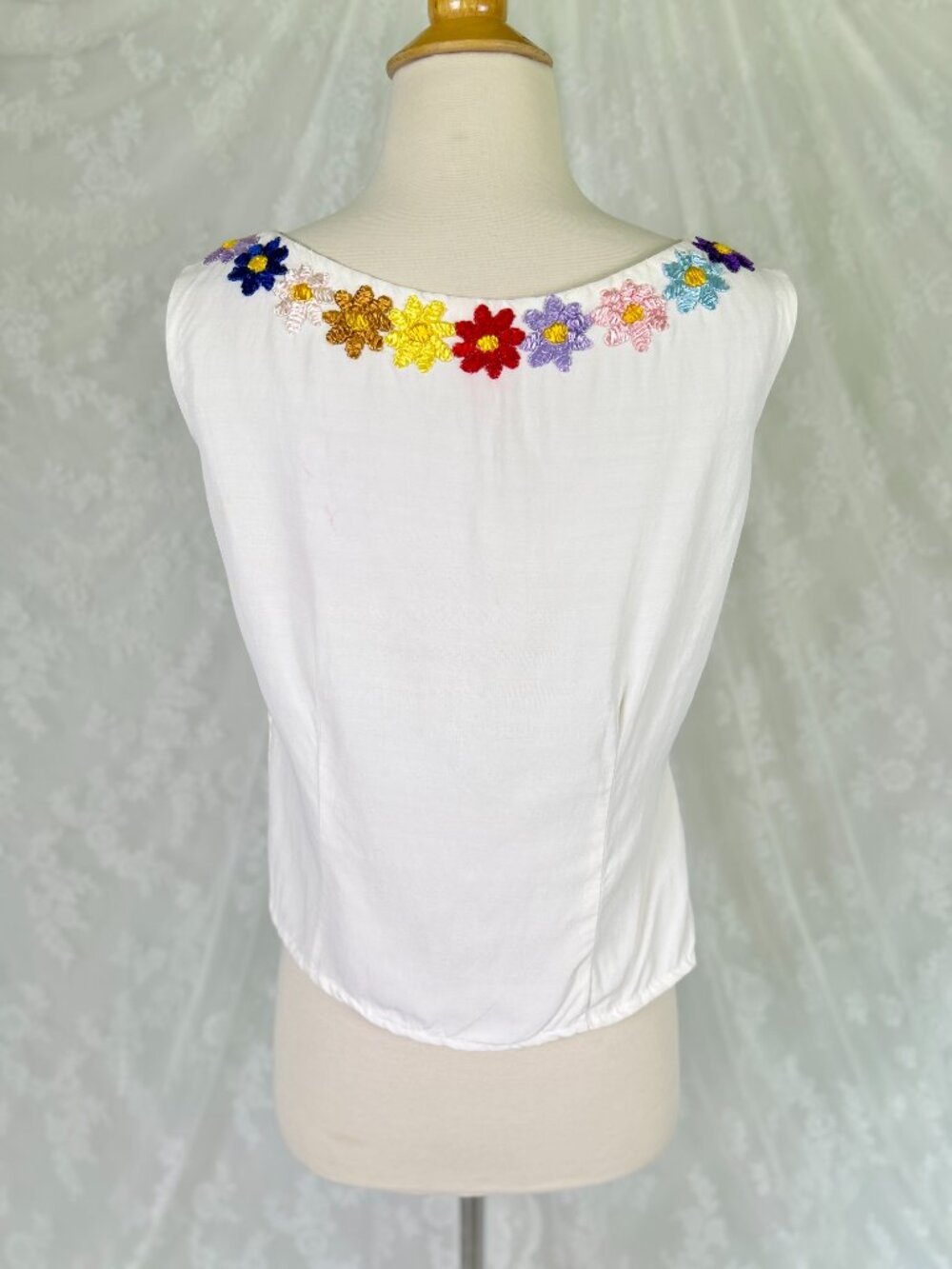 Vintage 1960s Hand-Embroidered White Sleeveless Top, Colorful Floral Folk Blouse - Picture 4 of 13